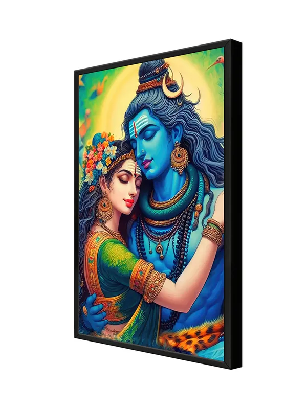 Box_Fiber_Frame_Canvas_Painting_Of_Shiva_And_Parvati_In_A_Romantic_Pose_With_Vibrant_Colors