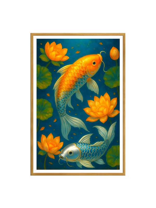 Golden_&_Silver_Koi_Fish_Lotus_Pond_Canvas_-_24x36_Box_Fiber_Frame_|_Tranquil_Zen_Art_|_Dual_Fish_and_Floral_Nature_Scene_GOF24360920