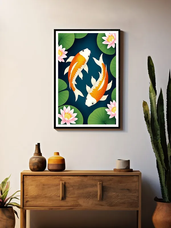 Cartoon-Style_Koi_with_Lotuses_|_Box_Fiber_Canvas_Frame_|_24x36_|_Cute_Modern_Asian_Wall_Art_BLF24360944