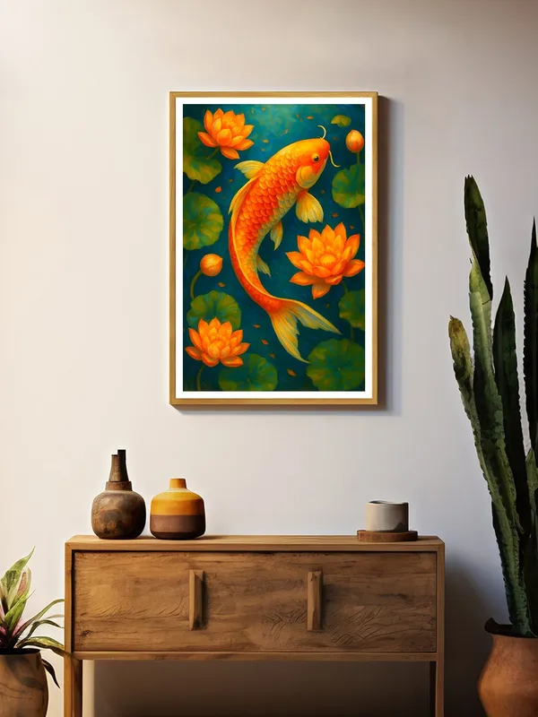 Golden_Koi_Fish_with_Lotus_Flowers_-_24x36_Box_Fiber_Canvas_|_Blue_Pond_Scene_|_Zen_Tranquility_Painting_|_Nature-Inspired_Decor_GOF24360919