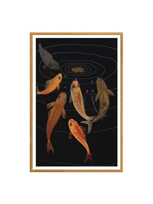 Traditional_Koi_Fish_Pond_Painting_-_24x36_Box_Fiber_Canvas_Frame_|_Six_Fish_with_Turtle_Artwork_|_Classic_Black_Background_Decor_GOF24360913