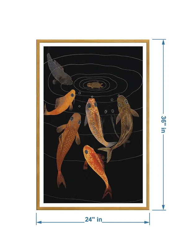 Traditional_Koi_Fish_Pond_Painting_-_24x36_Box_Fiber_Canvas_Frame_|_Six_Fish_with_Turtle_Artwork_|_Classic_Black_Background_Decor_GOF24360913