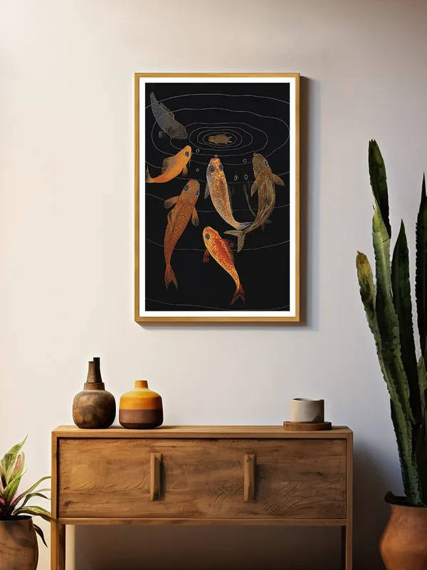 Traditional_Koi_Fish_Pond_Painting_-_24x36_Box_Fiber_Canvas_Frame_|_Six_Fish_with_Turtle_Artwork_|_Classic_Black_Background_Decor_GOF24360913