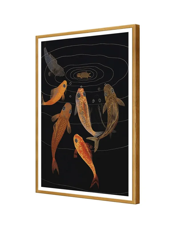 Traditional_Koi_Fish_Pond_Painting_-_24x36_Box_Fiber_Canvas_Frame_|_Six_Fish_with_Turtle_Artwork_|_Classic_Black_Background_Decor_GOF24360913
