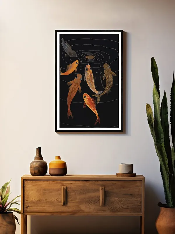 Traditional_Koi_Fish_Pond_Painting_-_24x36_Box_Fiber_Canvas_Frame_|_Six_Fish_with_Turtle_Artwork_|_Classic_Black_Background_Decor_BLF24360913