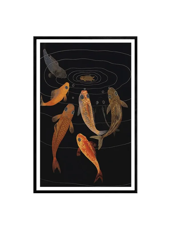 Traditional_Koi_Fish_Pond_Painting_-_24x36_Box_Fiber_Canvas_Frame_|_Six_Fish_with_Turtle_Artwork_|_Classic_Black_Background_Decor_BLF24360913