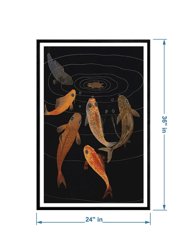 Traditional_Koi_Fish_Pond_Painting_-_24x36_Box_Fiber_Canvas_Frame_|_Six_Fish_with_Turtle_Artwork_|_Classic_Black_Background_Decor_BLF24360913