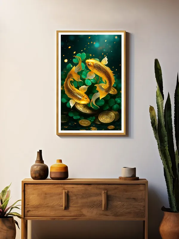 Golden_Koi_with_Lucky_Coins_&_Clover_|_Box_Fiber_Canvas_Frame_|_24x36_|_Prosperity_Feng_Shui_Wall_Art_GOF24360943