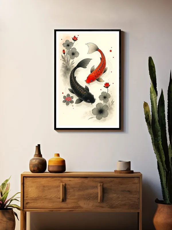 Yin_Yang_Koi_Fish_Canvas_Art_-_24x36_Box_Fiber_Frame_|_Red_&_Black_Minimalist_Style_|_Zen_Harmony_Painting_|_Japanese_Ink_Wall_Decor_BLF24360907
