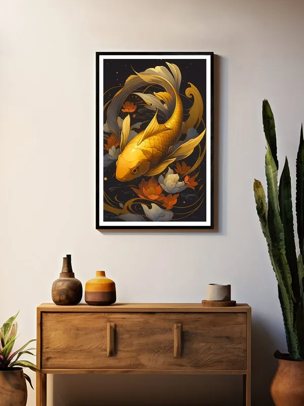 Floral_Golden_Koi_Swimming_Through_Lotus_|_Box_Fiber_Canvas_Frame_|_24x36_|_Elegant_Nature-Inspired_Wall_Art_BLF24360933