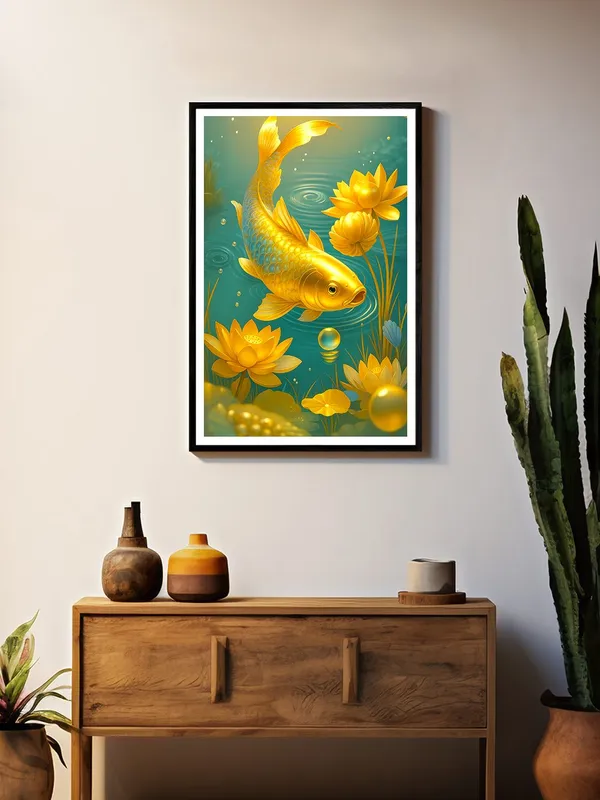 Golden_Koi_Amid_Lotus_Flowers_|_Box_Fiber_Canvas_Frame_|_24x36_|_Peaceful_Nature-Inspired_Wall_Decor_BLF24360929