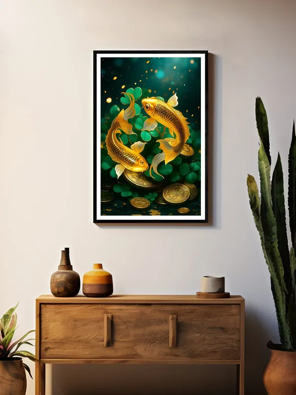 Golden_Koi_with_Lucky_Coins_&_Clover_|_Box_Fiber_Canvas_Frame_|_24x36_|_Prosperity_Feng_Shui_Wall_Art_BLF24360943