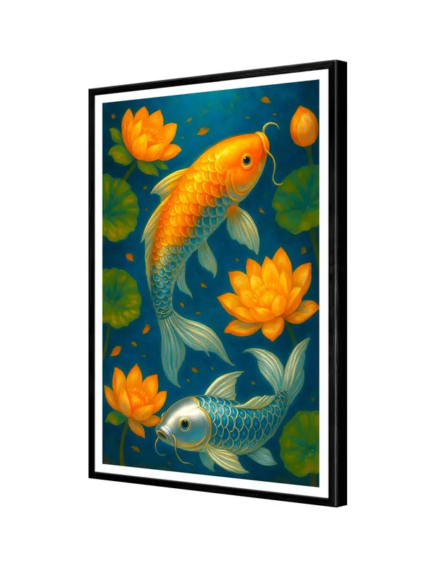 Golden_&_Silver_Koi_Fish_Lotus_Pond_Canvas_-_24x36_Box_Fiber_Frame_|_Tranquil_Zen_Art_|_Dual_Fish_and_Floral_Nature_Scene_BLF24360920