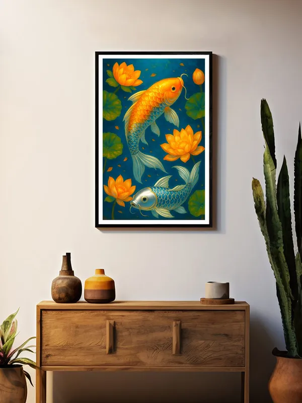 Golden_&_Silver_Koi_Fish_Lotus_Pond_Canvas_-_24x36_Box_Fiber_Frame_|_Tranquil_Zen_Art_|_Dual_Fish_and_Floral_Nature_Scene_BLF24360920
