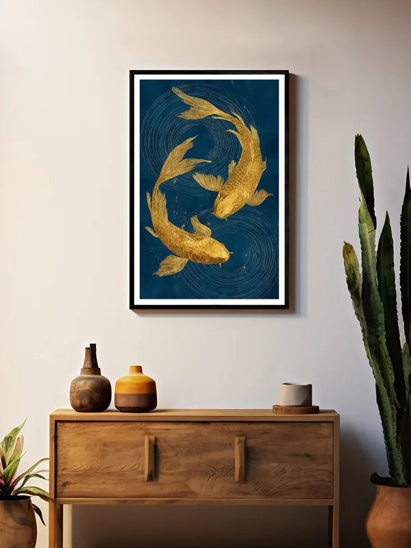 Gold_Textured_Koi_on_Blue_Canvas_Swirls_|_Box_Fiber_Canvas_Frame_|_24x36_|_Rich_Decorative_Fish_Art_BLF24360937