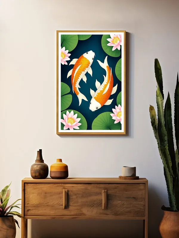 Cartoon-Style_Koi_with_Lotuses_|_Box_Fiber_Canvas_Frame_|_24x36_|_Cute_Modern_Asian_Wall_Art_GOF24360944