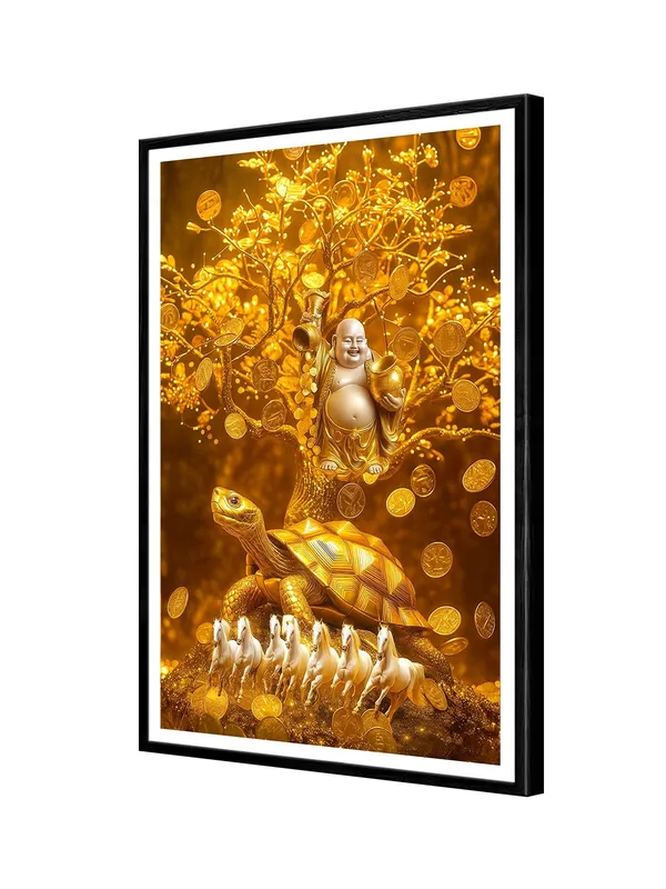 Golden_Buddha_with_Turtle_&_Horses_|_Box_Fiber_Canvas_Frame_|_24x36_|_Wealth_&_Success_Feng_Shui_Painting_BLF24360941