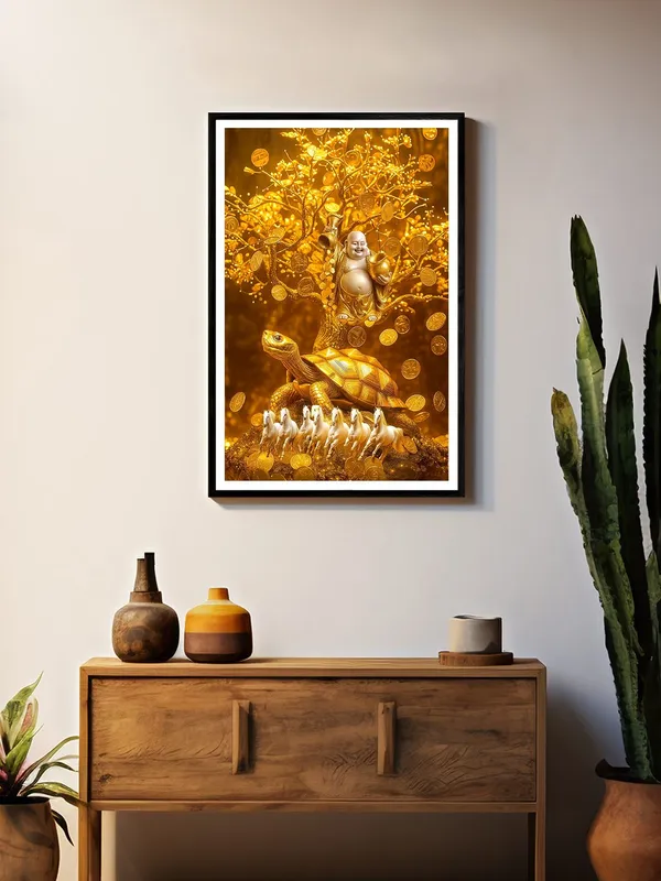 Golden_Buddha_with_Turtle_&_Horses_|_Box_Fiber_Canvas_Frame_|_24x36_|_Wealth_&_Success_Feng_Shui_Painting_BLF24360941