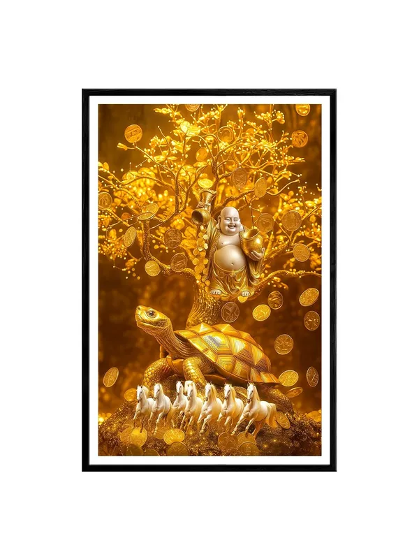 Golden_Buddha_with_Turtle_&_Horses_|_Box_Fiber_Canvas_Frame_|_24x36_|_Wealth_&_Success_Feng_Shui_Painting_BLF24360941