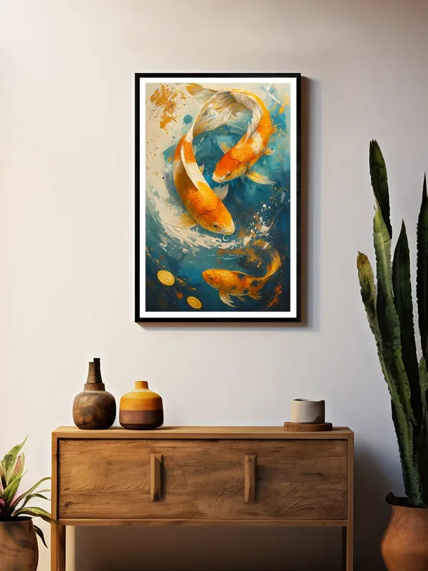 Trio_of_Koi_in_Vortex_with_Gold_Coins_|_Box_Fiber_Canvas_Frame_|_24x36_|_Energetic_Artistic_Wall_Art_BLF24360928