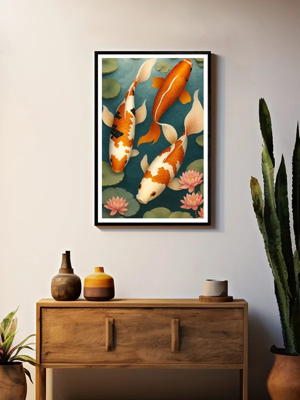 Three_Koi_Among_Lily_Pads_|_Box_Fiber_Canvas_Frame_|_24x36_|_Serene_Traditional_Pond_Scene_Wall_Art_BLF24360939