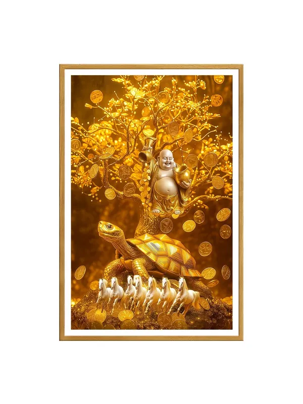 Golden_Buddha_with_Turtle_&_Horses_|_Box_Fiber_Canvas_Frame_|_24x36_|_Wealth_&_Success_Feng_Shui_Painting_GOF24360941