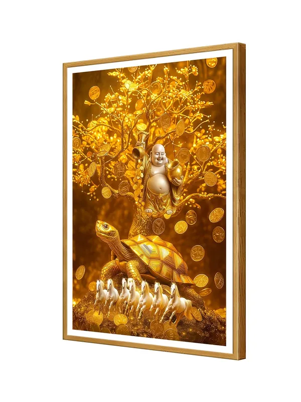 Golden_Buddha_with_Turtle_&_Horses_|_Box_Fiber_Canvas_Frame_|_24x36_|_Wealth_&_Success_Feng_Shui_Painting_GOF24360941
