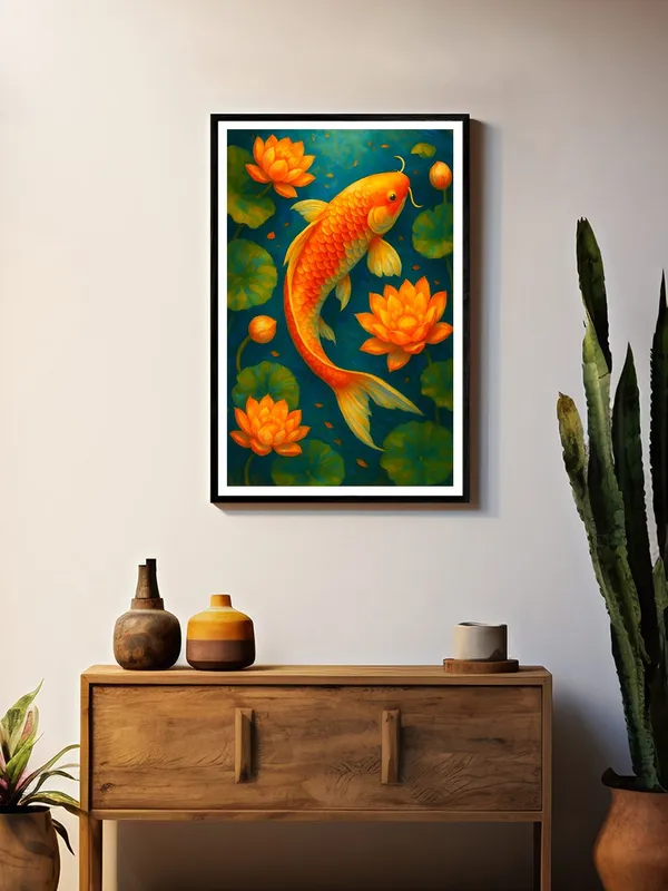 Golden_Koi_Fish_with_Lotus_Flowers_-_24x36_Box_Fiber_Canvas_|_Blue_Pond_Scene_|_Zen_Tranquility_Painting_|_Nature-Inspired_Decor_BLF24360919