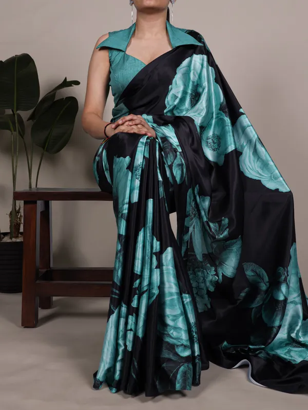 Black_With_Teal_Satin_Saree_With_Blouse_For_Women