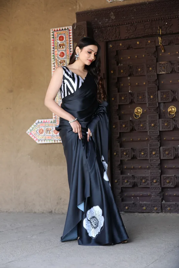 Black_Satin_Saree_With_Blouse_For_Women