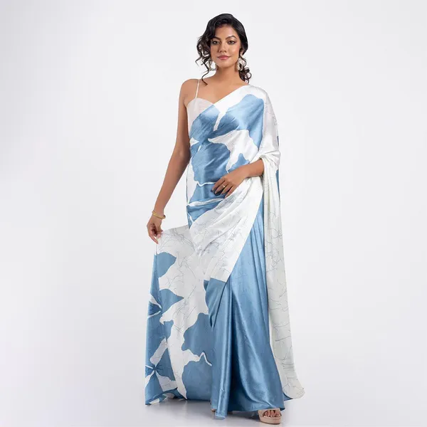 Sky_Blue_&_White_Satin_Saree_With_Blouse_For_Women