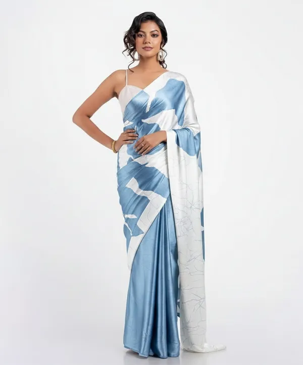 Sky_Blue_&_White_Satin_Saree_With_Blouse_For_Women