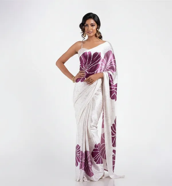 Purple_&_White_Satin_Saree_With_Blouse_For_Women
