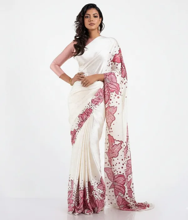 White_Satin_Saree_With_Blouse_For_Women