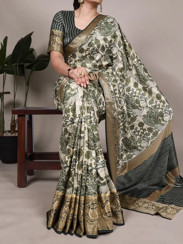Mehndi_Satin_Saree_With_Blouse_For_Women