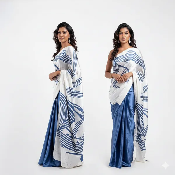 Blue-White_Satin_Saree_With_Blouse_For_Women