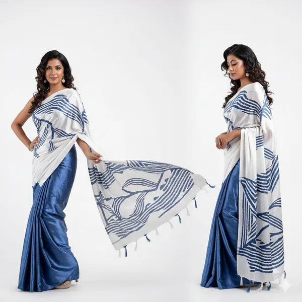 Blue-White_Satin_Saree_With_Blouse_For_Women