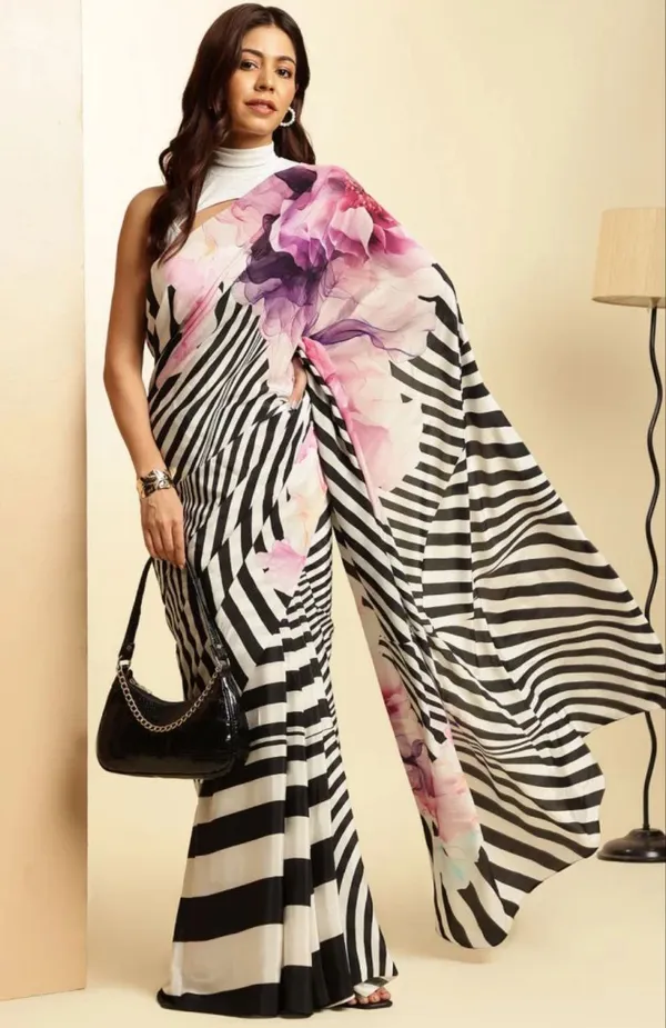 Black_&_White_Satin_Saree_With_Blouse_For_Women