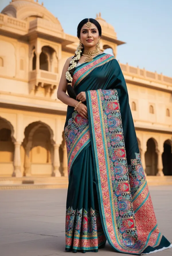 Deep_Green_Satin_Saree_With_Blouse_For_Women