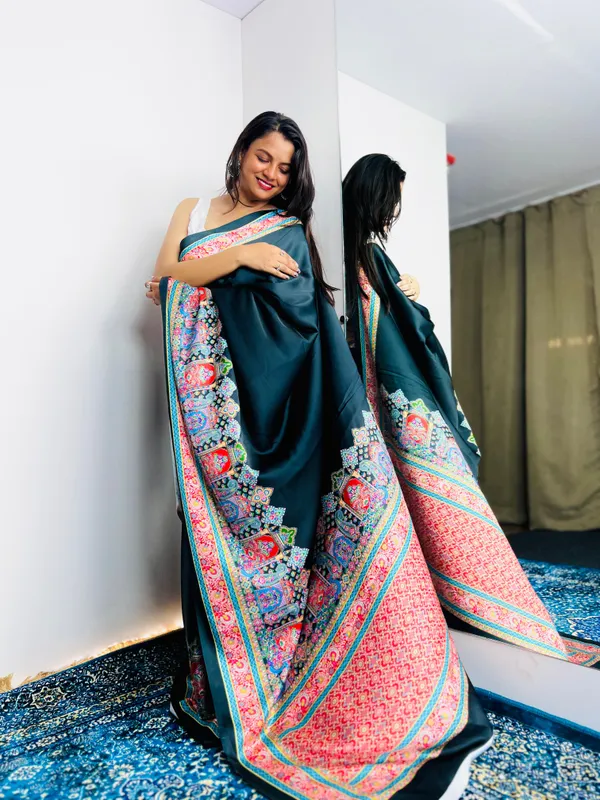 Deep_Green_Satin_Saree_With_Blouse_For_Women