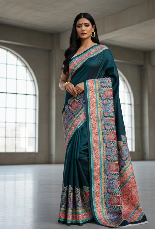 Deep_Green_Satin_Saree_With_Blouse_For_Women