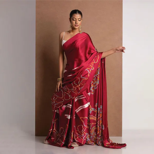 Red_Satin_Saree_With_Blouse_For_Women