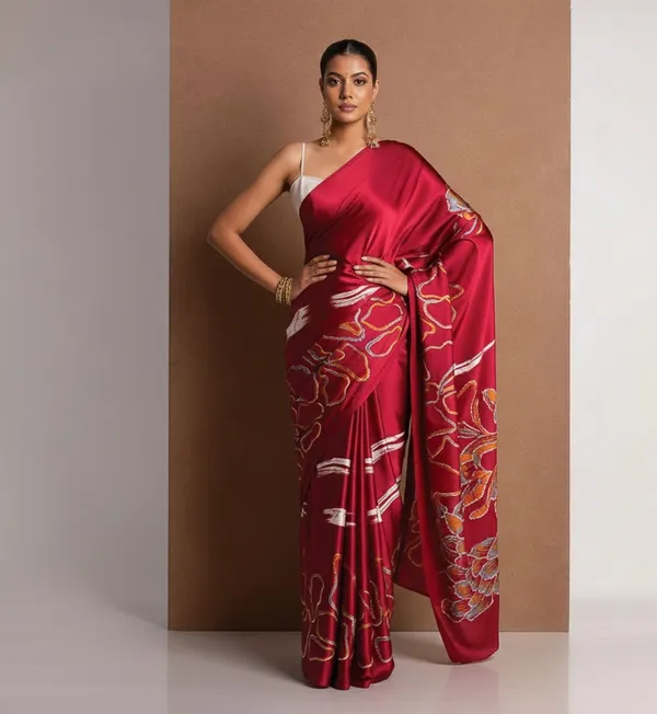 Red_Satin_Saree_With_Blouse_For_Women