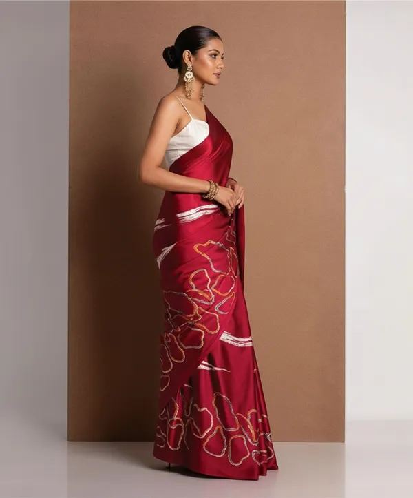 Red_Satin_Saree_With_Blouse_For_Women