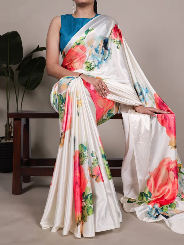 White_Satin_Saree_With_Blouse_For_Women