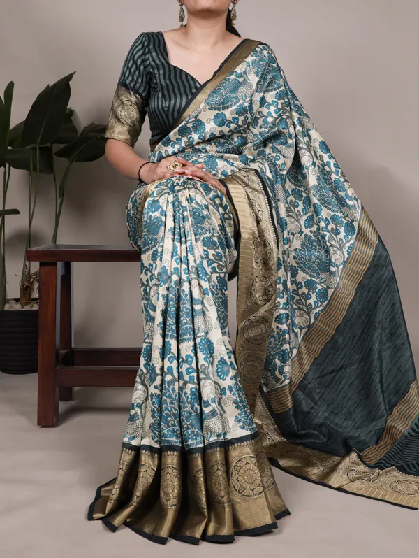 Steel_Blue_Satin_Saree_With_Blouse_For_Women