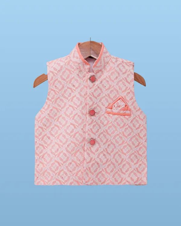 Peach_Kurta_&_Pyjama_With_Woven_Jacket_Set_For_Kids