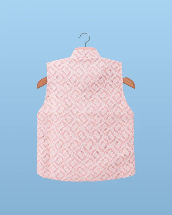 Peach_Kurta_&_Pyjama_With_Woven_Jacket_Set_For_Kids
