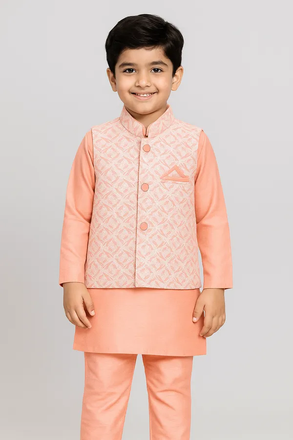 Peach_Kurta_&_Pyjama_With_Woven_Jacket_Set_For_Kids