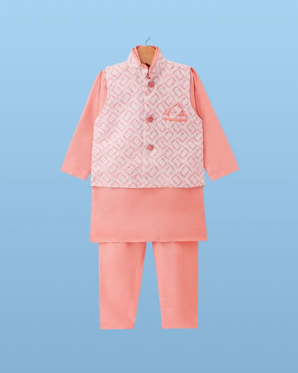 Peach_Kurta_&_Pyjama_With_Woven_Jacket_Set_For_Kids